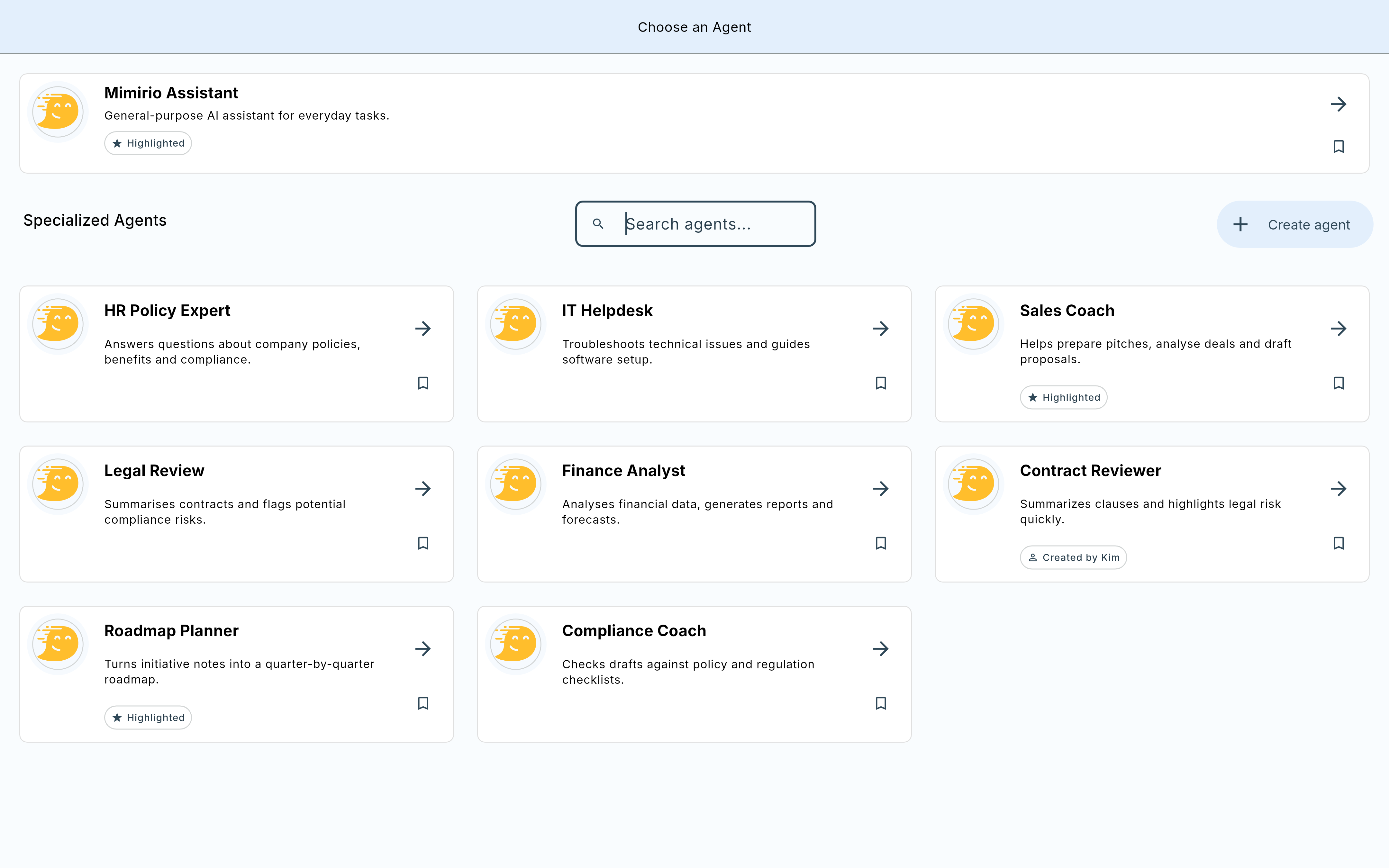 Agentenauswahl mit Mimirio Assistant und spezialisierten Agenten wie HR Policy Expert, Sales Coach und Legal Review, mit Suche und einem Create-agent-Button